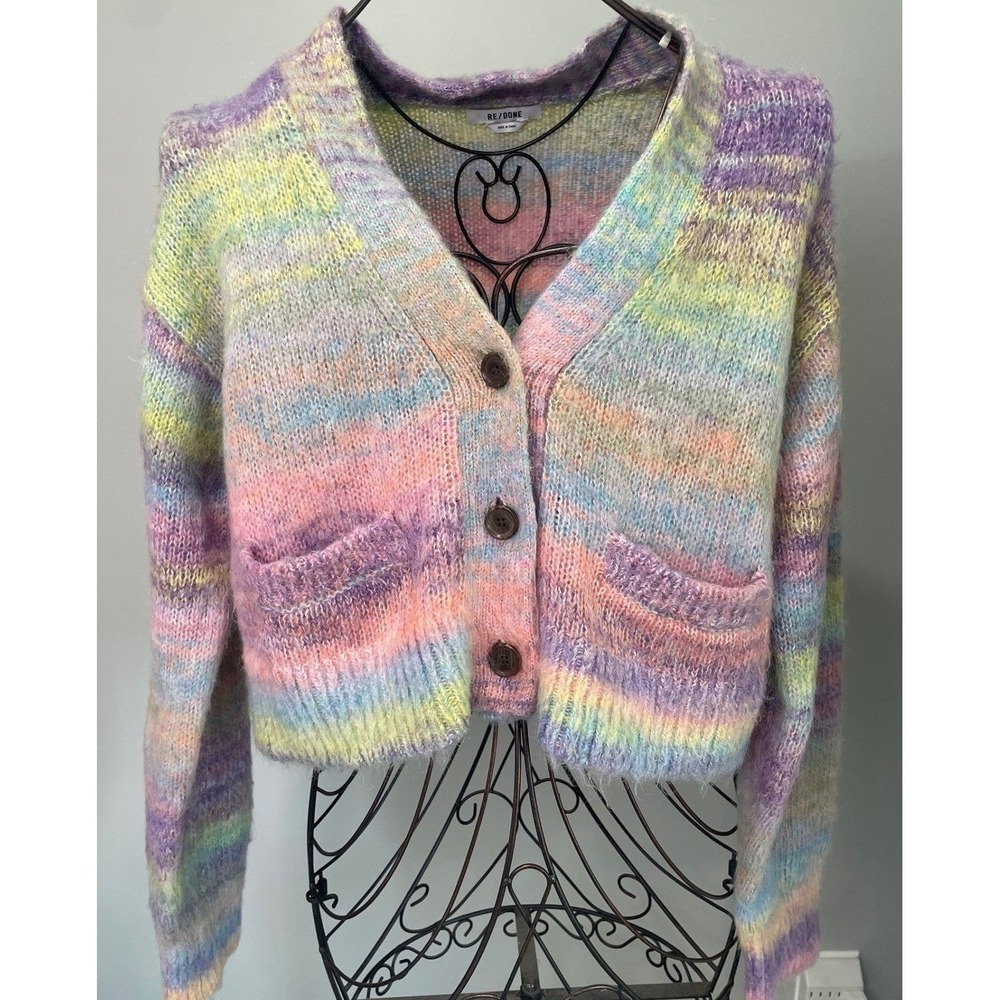 RE/DONE 90s Cropped Oversized Cardigan Purple Space Dye Cost $450 Rainbow Mohair